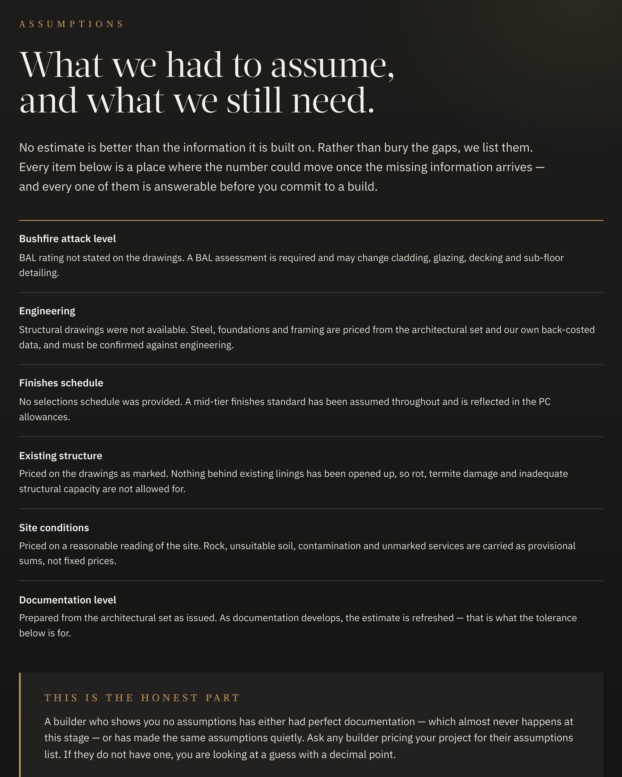 The assumptions page of a Zanetto estimate, listing bushfire attack level, engineering, finishes schedule, existing structure and site conditions
