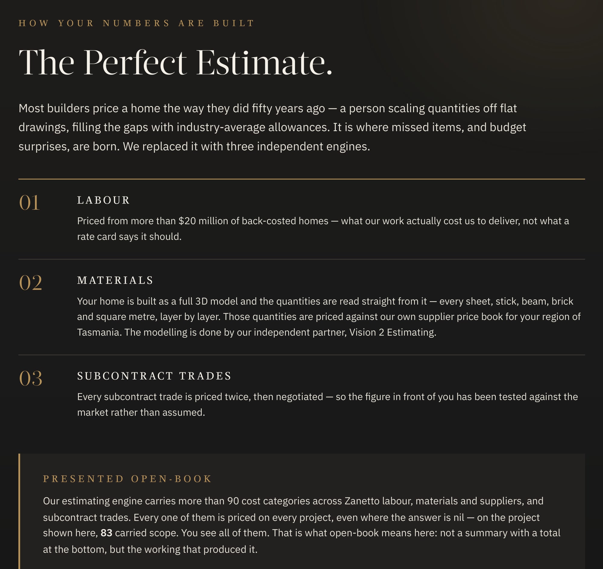 A page from the Zanetto Qualifying Budget Estimate setting out the three pricing engines: labour, materials and subcontract trades