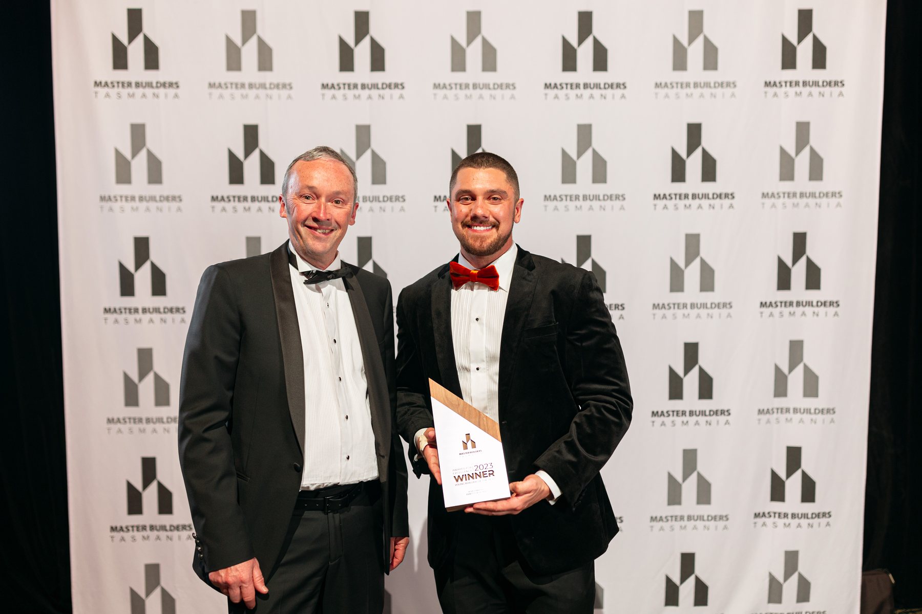 Kyle Zanetto accepting Master Builders Tasmania Young Builder of the Year, 2023